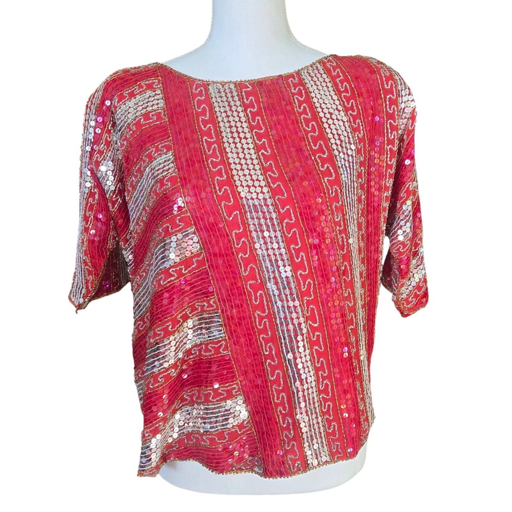 Vintage 100% Pure Silk Red Sequin Beaded Saree‎ Blouse Boho Festival Top Cropped
